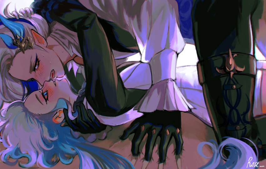 1boy 1girl ackrose arms_around_neck artist_name asymmetrical_gloves black_gloves blue_eyes blue_hair blush boy_on_top couple english_text face-to-face feather_hair_ornament feathers furina_(genshin_impact) genshin_impact gloves grey_eyes hair_ornament hetero highres imminent_kiss light_blue_hair long_hair long_sleeves lying mismatched_gloves multicolored_hair neuvillette_(genshin_impact) on_back open_mouth parted_lips pointy_ears sidelocks smile streaked_hair sweatdrop teeth two-tone_hair white_gloves white_hair
