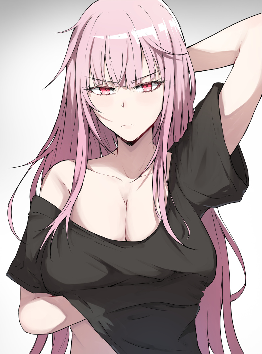 1girl absurdres arm_under_breasts arm_up black_shirt breasts cleavage closed_mouth collarbone hand_under_clothes hand_under_shirt highres hololive hololive_english large_breasts light_frown long_hair mori_calliope pink_eyes pink_hair sak1_01 shirt simple_background single_bare_shoulder solo v-shaped_eyebrows very_long_hair virtual_youtuber white_background