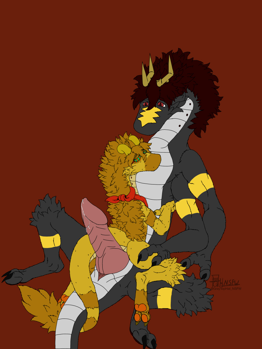 absurd_res bandanna bodily_fluids broken_horn cheek_tuft dragon duo facial_tuft female fluffy fluffy_tail flute_dragon fur furred_dragon genital_fluids hand_on_leg hi_res holding_leg holding_thigh horn kerchief kerstin_(sajay) larger_male looking_back male male/female on_lap pawpads penis_on_butt penis_on_pussy precum ringed_eyes sajay sajay_(sajay) sitting_on_another sitting_on_lap size_difference smaller_female tail tail_tuft tuft