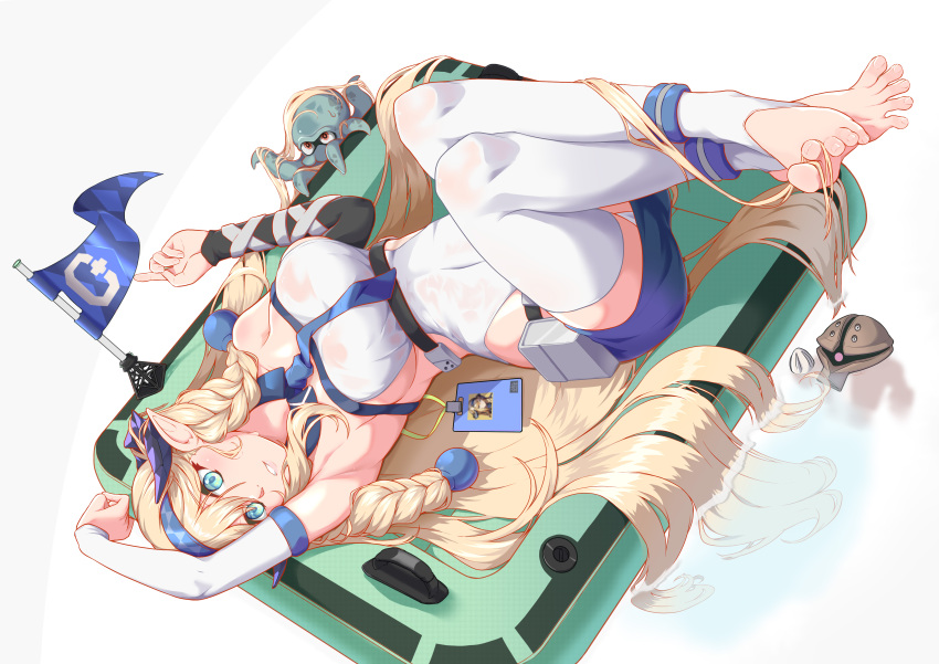 1girl absurdres aqua_eyes arknights arm_up armpits blonde_hair blue_hairband blue_necktie blue_skirt braid breasts commentary_request covered_navel detached_collar detached_sleeves flag hairband highres horns large_breasts leotard long_hair lying mew-plus miniskirt necktie octopus on_back parted_lips pencil_skirt pointy_ears pouch saileach_(arknights) skirt solo strapless strapless_leotard thighhighs thighs twin_braids very_long_hair white_background white_leotard white_thighhighs