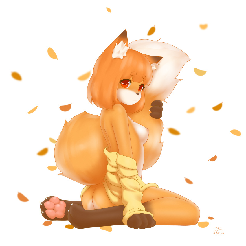 1nfernalcat absurd_res anthro breasts butt canid canine clothing female fox hair hi_res inner_ear_fluff leaf mammal orange_hair pawpads paws red_eyes short_hair sitting solo tail tail_hug tuft young