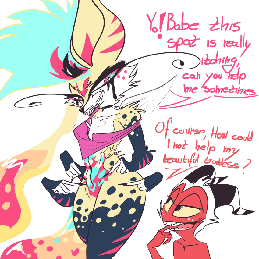 anthro canid canine dialogue duo female fur helluva_boss hi_res humanoid imp male mammal moxxie_(helluva_boss) multicolored_body multicolored_fur queen_bee-lzebub_(helluva_boss) red_body red_skin simple_background splendidsplend8 white_background