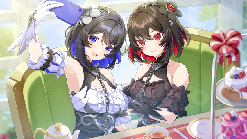 2girls arm_up armpits bare_shoulders birthday black_flower blue_eyes blue_hair breasts chain closed_mouth colored_inner_hair cup cupcake day english_text flower food gloves hair_between_eyes hair_flower hair_ornament highres holding holding_phone honkai_(series) honkai_impact_3rd lock looking_at_phone medium_breasts multicolored_hair multiple_girls open_mouth phone red_eyes red_hair ringozaka_mariko second-party_source seele_(alter_ego) seele_vollerei seele_vollerei_(stygian_nymph) selfie short_hair sitting taking_picture teacup white_gloves