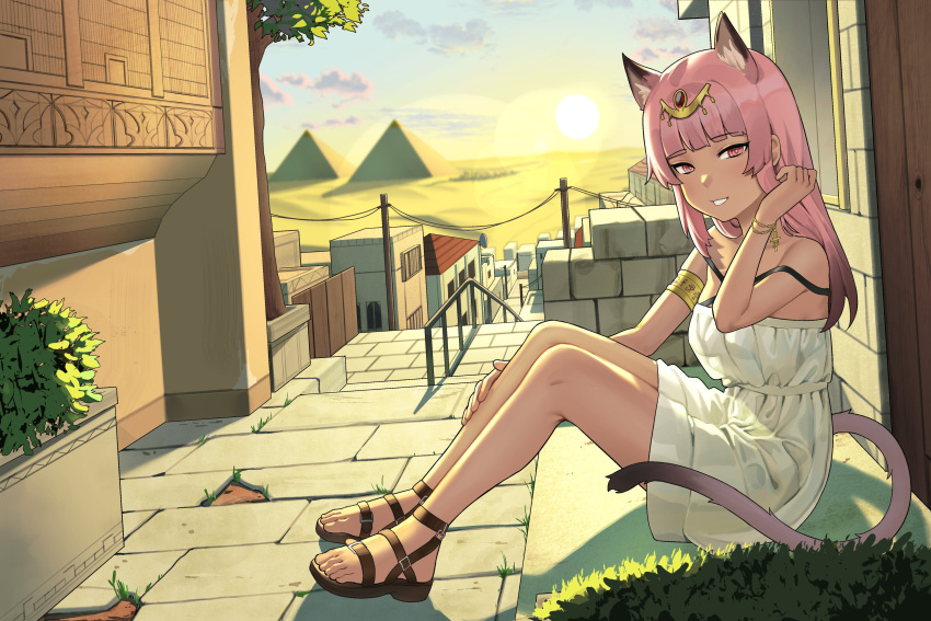 1girl 4hnyu absurdres animal_ears armband bare_shoulders blunt_bangs bracelet breasts brown_footwear building cat_ears cat_girl cloud cloudy_sky dark-skinned_female dark_skin desert dress egyptian_clothes eyelashes feet full_body gradient_hair gradient_sky hand_on_own_leg hand_up highres indie_virtual_youtuber isuress_(vtuber) jewelry knees_up legs long_hair looking_at_viewer medium_breasts multicolored_hair outdoors pink_hair pleated_dress pyramid_(structure) ringed_eyes sandals see-through see-through_dress shadow short_dress sidelocks sitting sky solo strap_slip sunset teeth tiara toes tree white_dress