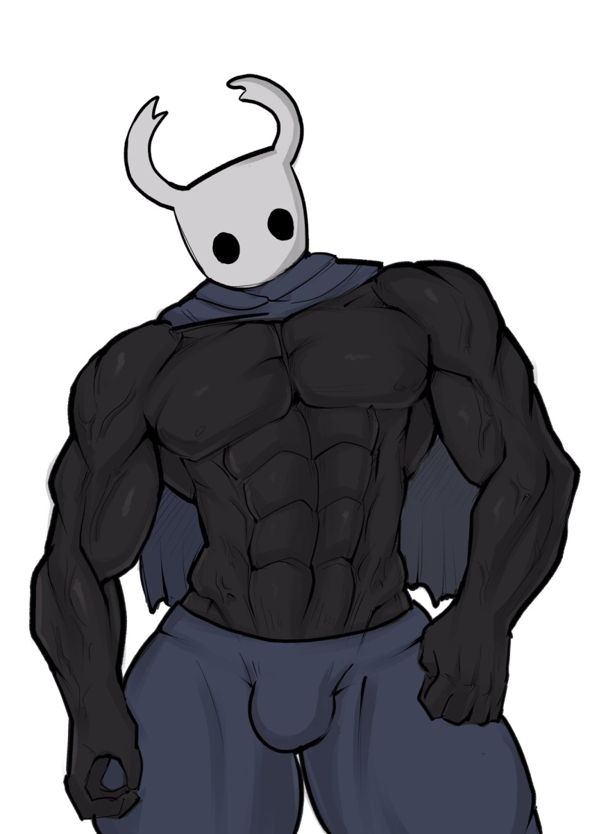 2023 bottomwear bulge cape clothing gigachad hi_res hollow_knight horn humor kurukuru_daza male meme muscular muscular_male pants parody reaction_image shirtless shirtless_male simple_background simple_eyes solo team_cherry the_knight_(hollow_knight) vessel_(species)