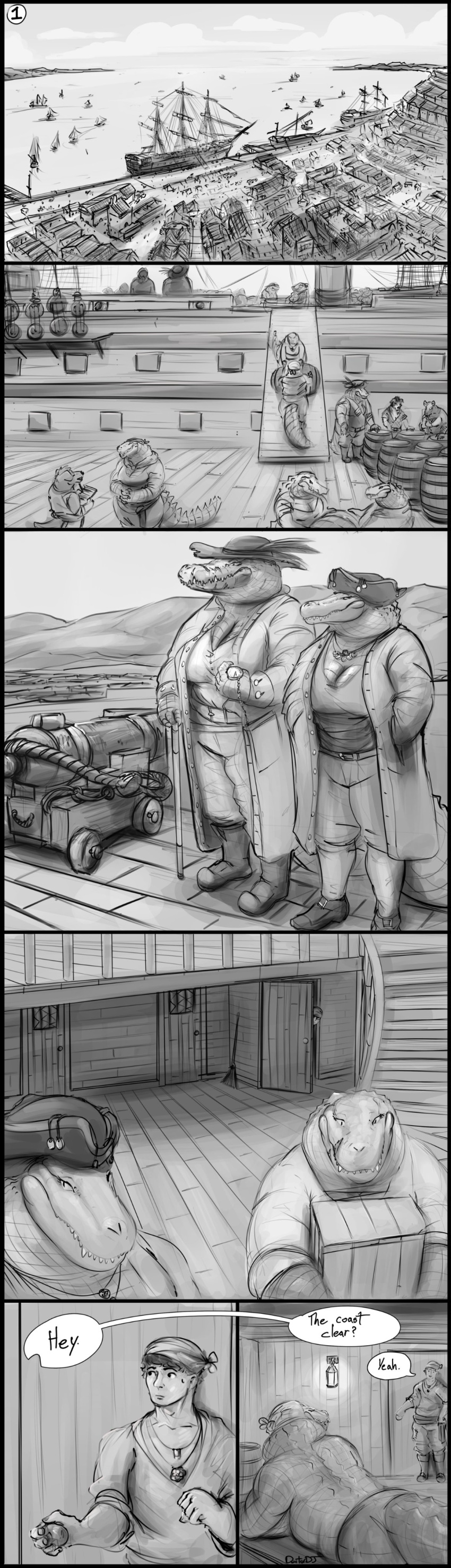2023 absurd_res alligator alligatorid anthro barrel big_breasts biped boat breasts cane canid canine canis cleavage clock clothed clothing coat comic crocodilian digital_media_(artwork) doctordj domestic_dog english_text female fully_clothed_anthro fully_clothed_female greyscale group hi_res human inside jewelry male mammal monochrome murid murine necklace nude_anthro nude_female pocketwatch rat reptile rodent sailing_boat sailing_watercraft sailor scalie speech_bubble standing text topwear tricorne vehicle watch watercraft
