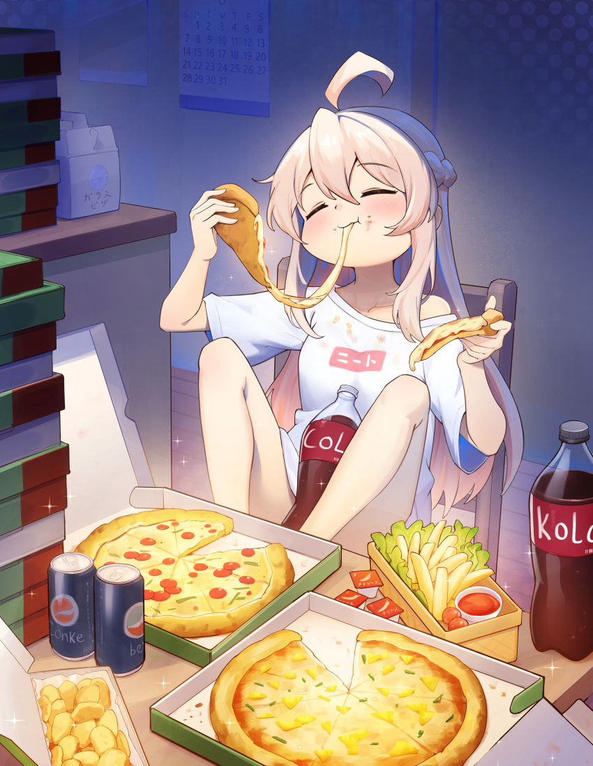 1girl :t absurdres ahoge calendar_(object) can cheese_trail chicken_nuggets chinese_commentary closed_eyes coca-cola collarbone commentary_request dorare eating english_commentary fast_food food food_focus food_on_face french_fries hair_between_eyes hawaiian_pizza highres indoors light_blush long_hair mixed-language_commentary off_shoulder onii-chan_wa_oshimai! oyama_mahiro pink_hair pizza pizza_box pizza_slice plastic_bottle shirt short_sleeves single_bare_shoulder sitting solo sparkle t-shirt too_much_food white_shirt wooden_floor