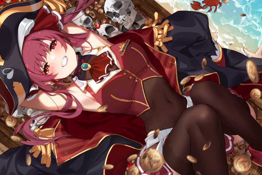 1girl animal armpits arms_up beach bicorne black_coat black_headwear breasts brown_thighhighs coat coin commentary covered_navel crab cropped_jacket eyepatch grin hair_ribbon hat highres hololive houshou_marine houshou_marine_(1st_costume) jacket large_breasts long_hair looking_at_viewer lucidsky lying miniskirt on_back orange_eyes pirate_hat pleated_skirt red_hair red_jacket red_ribbon red_skirt ribbon skirt skull sleeveless sleeveless_jacket smile solo teeth thighhighs thighs treasure_chest twintails virtual_youtuber