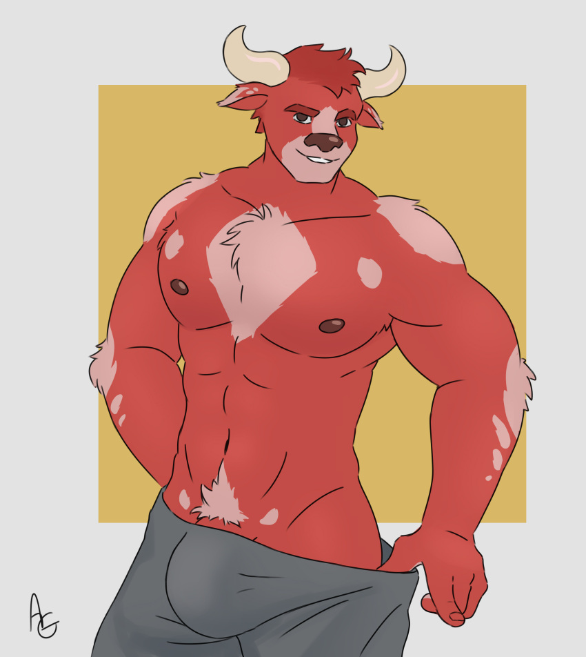 abs absurd_res anthro astrogarlic biceps body_hair bottomwear bovid bovine bulge cattle clothing erection fur genitals hair half-erect hi_res horn looking_at_viewer male mammal muscular muscular_male nipples pecs penis shorts simple_background smile solo solo_focus