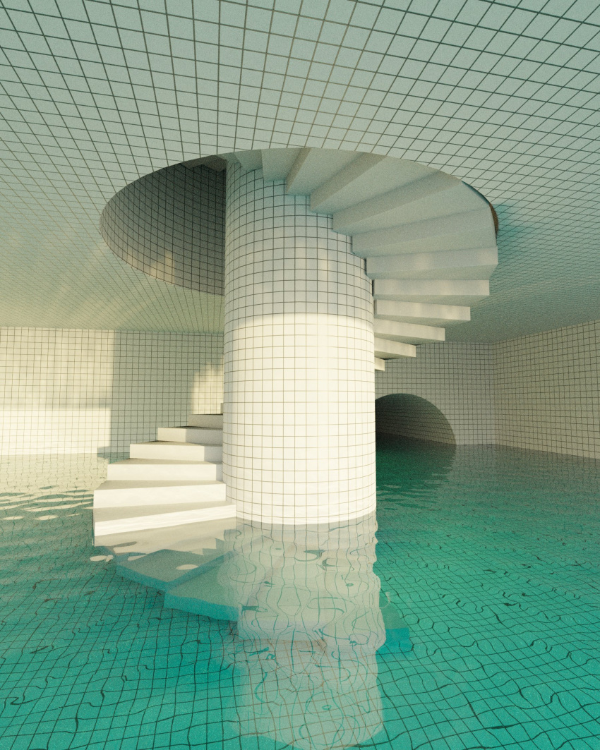 backrooms_(creepypasta) ceiling dream_pool hallway highres immersed indoors jaredpike no_humans partially_submerged pool reflection reflective_water scenery spiral_staircase stairs submerged tile_ceiling tile_floor tile_wall tiles water