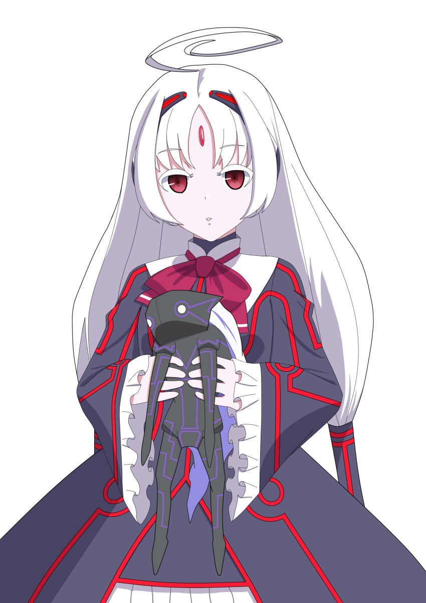 1girl absurdres ahoge bow character_doll doll dress forehead_jewel frilled_dress frills hair_tubes hairband highres holding holding_doll huge_ahoge long_hair low_twintails merkava_(under_night_in-birth) neon_trim nishine2424 red_eyes robot_ears simple_background solo twintails under_night_in-birth vatista very_long_hair white_background white_hair