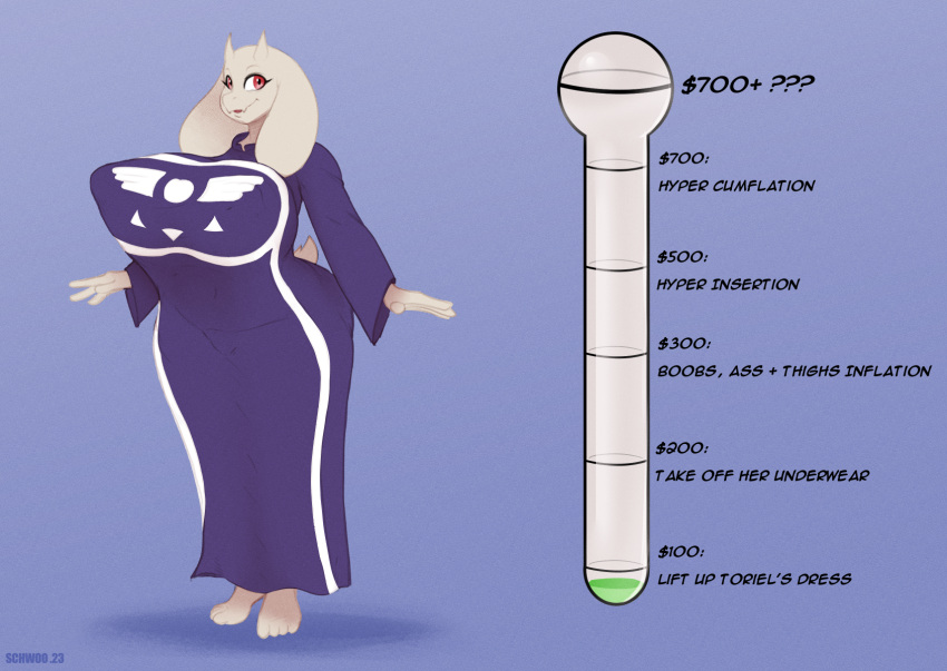 anthro boss_monster bovid caprine clothing dress english_text female hi_res mammal mature_female schwoo simple_background text thick_thighs toriel undertale undertale_(series)