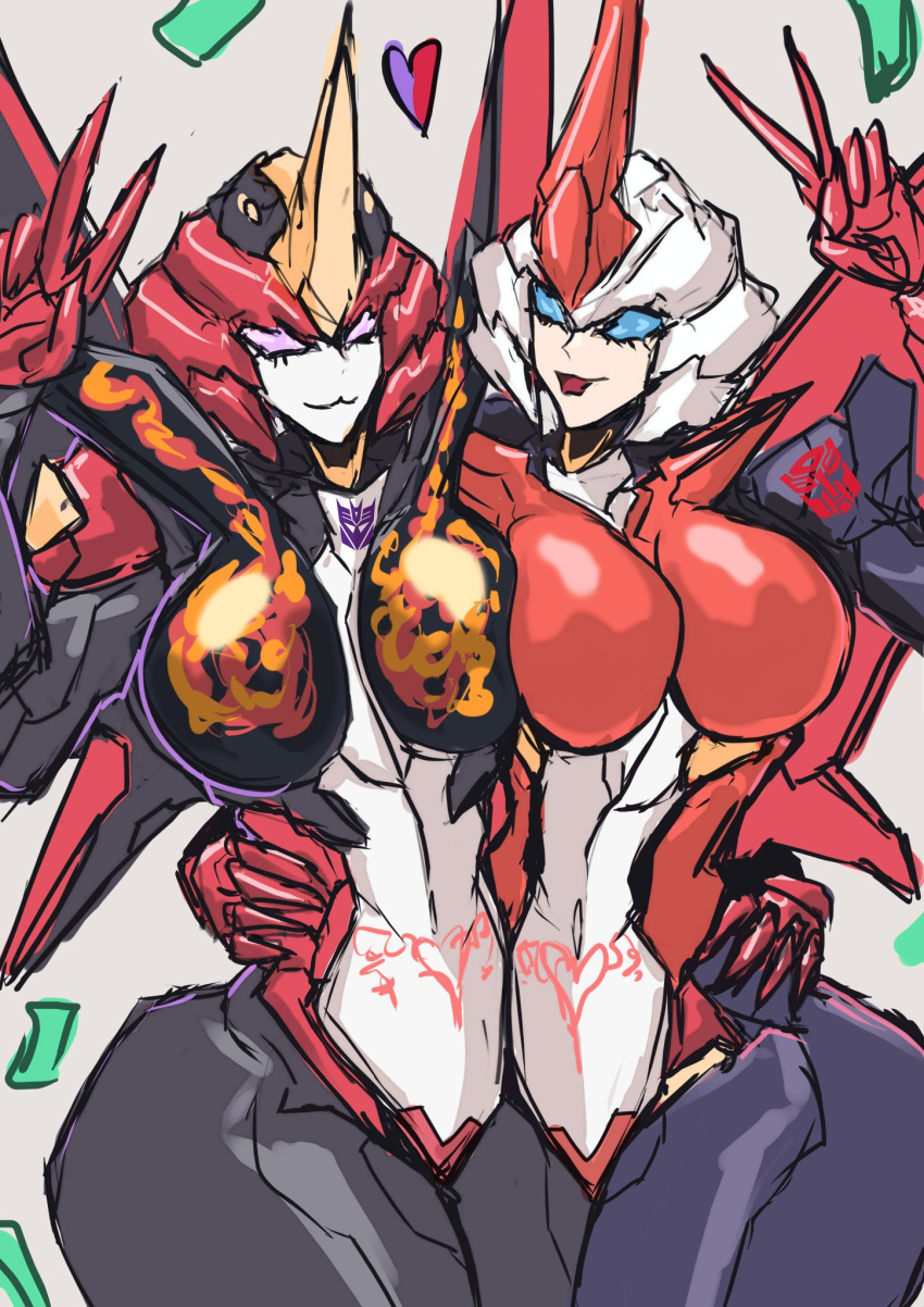 2girls autobot blue_eyes breasts breasts_squeezed_together colored_skin crotch_plate decepticon flamewar flareup grotesquerampag helmet highres humanoid_robot large_breasts mecha_musume multiple_girls narrow_waist pink_eyes robot thick_thighs thighs transformers v