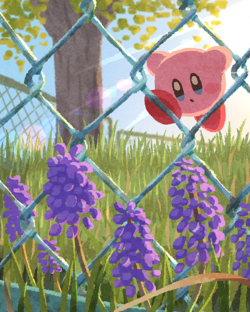 blue_eyes blush_stickers chain-link_fence climbing closed_mouth day fence flower grass highres kirby kirby_(series) miclot no_humans outdoors pink_footwear plant purple_flower shoes sunlight tree