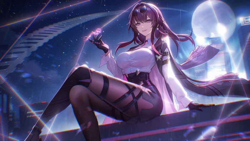 1girl arm_belt belt black_belt black_footwear black_jacket boots breasts building chest_harness chromatic_aberration city crossed_legs earrings english_commentary eyewear_on_head feet_out_of_frame floating_hair full_moon gloves hair_between_eyes harness high-waist_shorts highres honkai:_star_rail honkai_(series) jacket jewelry kafka_(honkai:_star_rail) ladyofmorh large_breasts light_particles long_hair long_sleeves looking_at_viewer moon moonlight night night_sky on_roof on_rooftop outdoors pantyhose pantyhose_under_shorts parted_lips purple_eyes purple_gloves purple_hair purple_pantyhose ring round_eyewear shirt shorts sidelocks single_thigh_boot sitting sky smile solo star_(sky) starry_sky sunglasses thigh_boots white_shirt