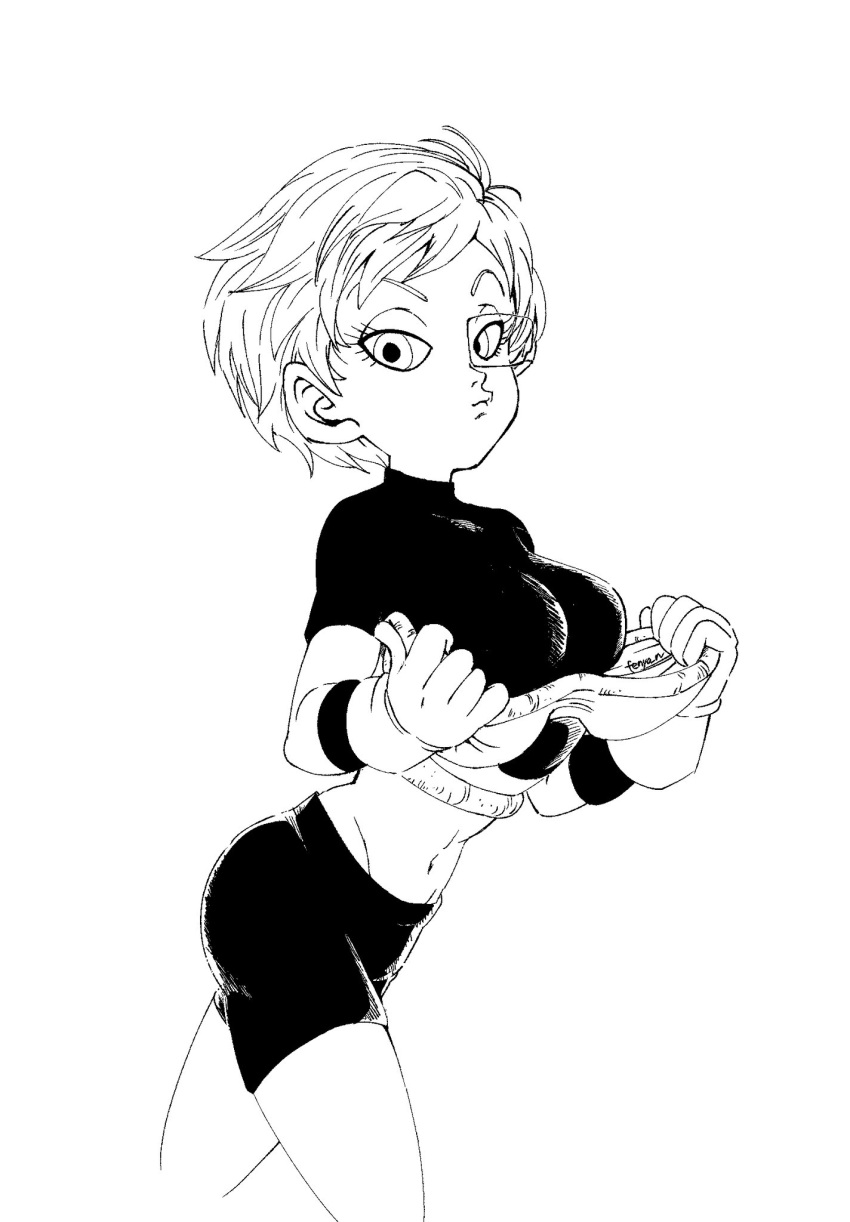 1girl armor artist_name ass bike_shorts black_gloves black_shirt breasts cheelai closed_mouth cowboy_shot cropped_legs dragon_ball dragon_ball_super dragon_ball_super_broly eyelashes fenyon gloves groin highres light_smile medium_breasts midriff monochrome navel parted_bangs scouter shirt short_hair simple_background solo swept_bangs thighs toned tsurime very_short_hair white_background