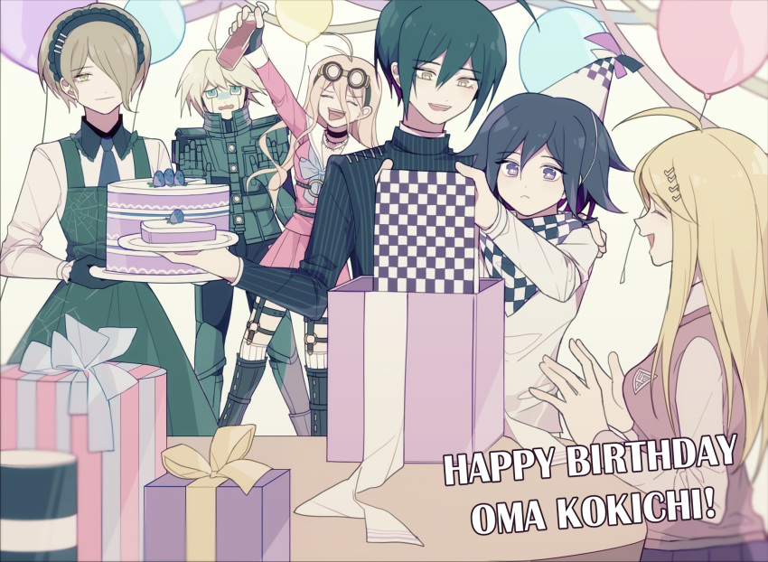 3boys 3girls :&lt; :d ahoge akamatsu_kaede antenna_hair arm_up balloon barbed_wire black_choker black_footwear black_gloves black_hair black_jacket blonde_hair bottle box breasts character_name checkered_clothes checkered_scarf choker danganronpa_(series) danganronpa_v3:_killing_harmony flipped_hair gift gift_box gloves hair_ornament happy_birthday highres holding holding_bottle iruma_miu jacket k1-b0 kneehighs large_breasts long_hair long_sleeves maid_headdress miniskirt multiple_boys multiple_girls muri_(muriiiimu) musical_note musical_note_hair_ornament necktie oma_kokichi open_mouth pink_shirt pink_skirt pink_vest pleated_skirt power_armor purple_hair purple_necktie ribbon saihara_shuichi sailor_collar scarf shirt short_hair skirt smile socks standing striped striped_jacket table tojo_kirumi vest white_background white_sailor_collar white_socks