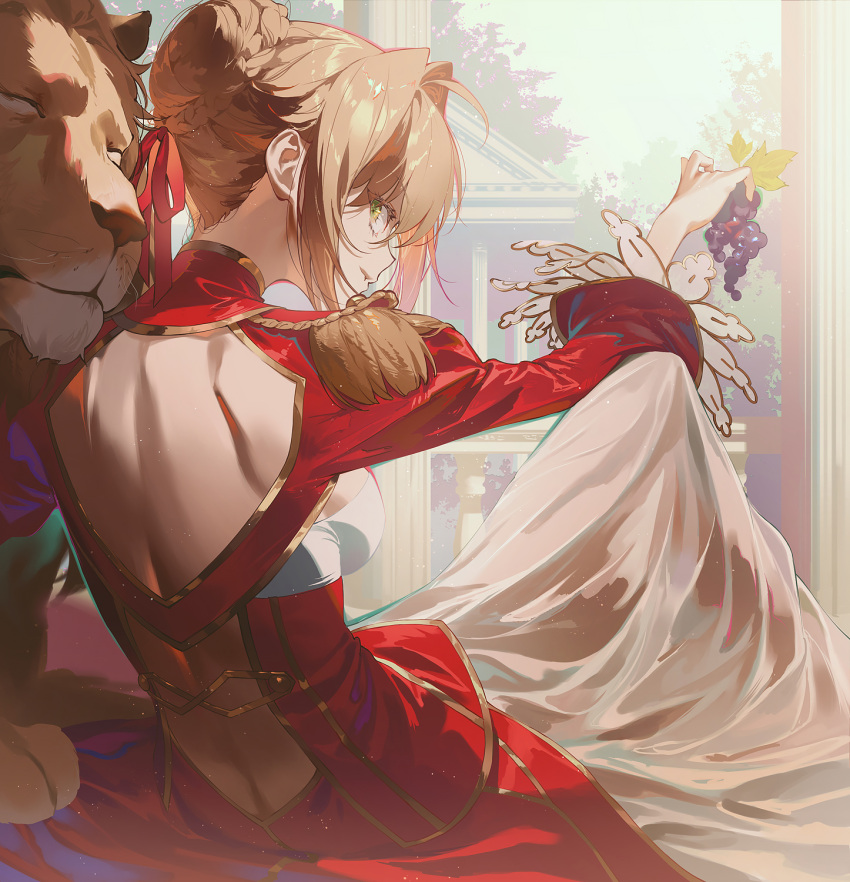 1girl ahoge back back_cutout bangs blonde_hair blush braid breasts clothing_cutout dress epaulettes fajyobore fate/extra fate_(series) french_braid green_eyes hair_bun hair_intakes hair_ribbon highres juliet_sleeves large_breasts lion long_hair long_sleeves looking_at_viewer looking_back nero_claudius_(fate) nero_claudius_(fate/extra) puffy_sleeves red_dress red_ribbon ribbon smile