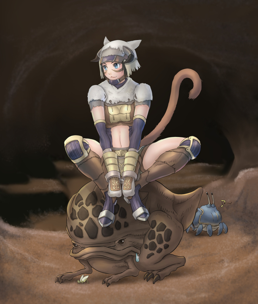 1girl :3 animal_ears avatar_(ff11) beastmaster_(final_fantasy) black_hair black_horns blue_eyes breasts brown_tail bug cactus41747280 cat_ears cat_girl cat_tail chin_strap closed_mouth crab eighth_note fake_horns final_fantasy final_fantasy_xi grasshopper highres horned_headwear horns medium_breasts mithra_(ff11) mittens musical_note navel purple_footwear short_hair short_sleeves sitting smile solo tail tail_raised white_headwear