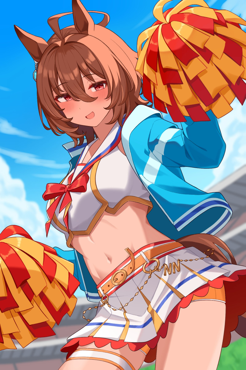 1girl absurdres agnes_tachyon_(umamusume) ahoge animal_ears blue_jacket blush brown_hair cheerleader chemical_structure contrapposto cosplay crop_top earrings empty_eyes highres horse_ears horse_girl horse_tail jacket jewelry looking_at_viewer messy_hair midriff nagaburo_imoni navel nice_nature_(run&amp;win)_(umamusume) nice_nature_(umamusume) nice_nature_(umamusume)_(cosplay) open_clothes open_jacket pom_pom_(cheerleading) red_eyes short_hair single_earring skirt solo tail umamusume white_skirt