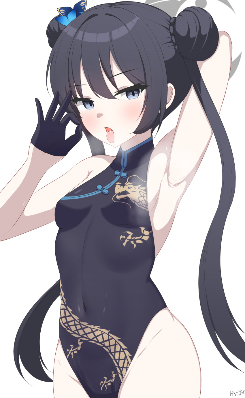 1girl absurdres architecture arm_behind_head armpits black_dress black_gloves black_hair blue_archive blurry butterfly_hair_ornament china_dress chinese_clothes commentary_request double_bun dress gloves grey_eyes groin hair_between_eyes hair_bun hair_ornament halo highres indoors kisaki_(blue_archive) long_hair looking_at_viewer no_panties parted_lips pelvic_curtain presenting_armpit print_dress side_slit sidelocks simple_background sleeveless solo steam tongue tongue_out twintails white_background zhyseven