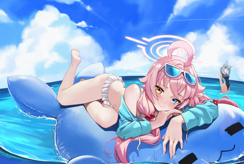 2girls absurdres ahoge anizi bare_legs barefoot bikini blue-tinted_eyewear blue_archive blue_eyes blue_jacket day eyewear_on_head feet_out_of_frame hair_between_eyes hair_ornament halo heterochromia highres hoshino_(blue_archive) hoshino_(swimsuit)_(blue_archive) inflatable_toy inflatable_whale jacket long_hair long_sleeves looking_at_viewer low_twintails multiple_girls ocean outdoors pink_hair pink_halo shiroko_(blue_archive) shiroko_(swimsuit)_(blue_archive) smile solo swimsuit tinted_eyewear twintails white_bikini yellow_eyes
