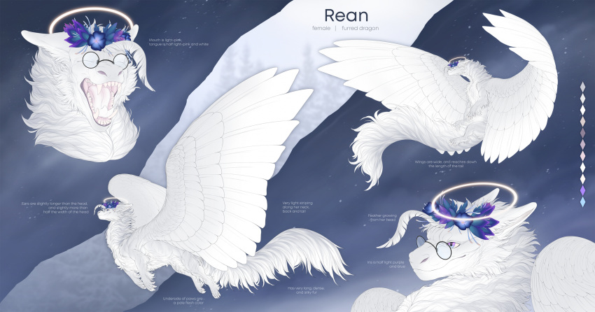 2023 claws dragon english_text eyewear feathered_wings feathers female feral flower fur furred_dragon goggles halo hi_res long_fur model_sheet multicolored_eyes plant rean_yasuda solo teeth text tongue white_body white_claws white_feathers white_fur wia wings