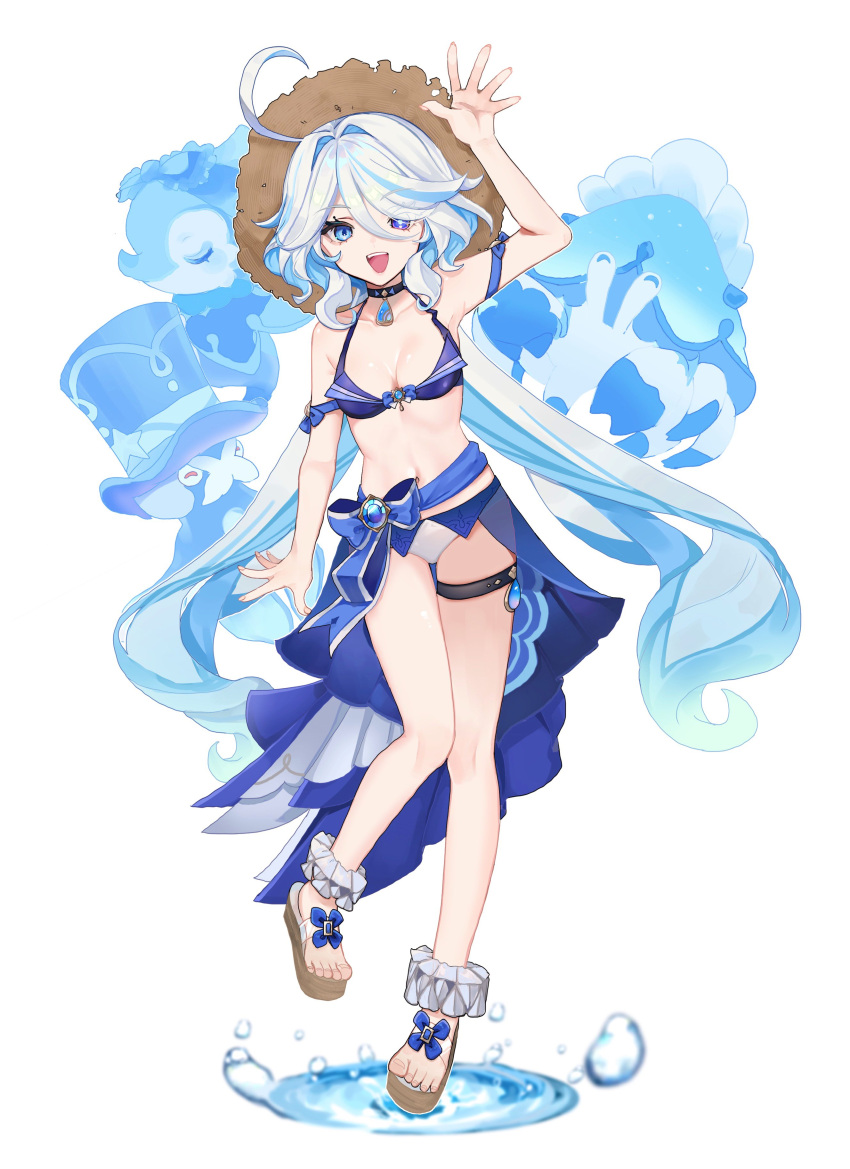 1girl absurdres ahoge arm_up bare_shoulders bikini blue_bikini blue_eyes blue_hair breasts bubble cleavage commentary_request feet fingernails full_body furina_(genshin_impact) genshin_impact gentilhomme_usher hair_between_eyes heterochromia highres large_breasts legs light_blue_hair long_hair looking_at_viewer mademoiselle_crabaletta makino_(gensekiplease) multicolored_hair navel open_mouth sandals sidelocks simple_background smile solo stomach streaked_hair surintendante_chevalmarin swimsuit teeth toeless_footwear toenails toes two-tone_hair upper_teeth_only water waving white_background