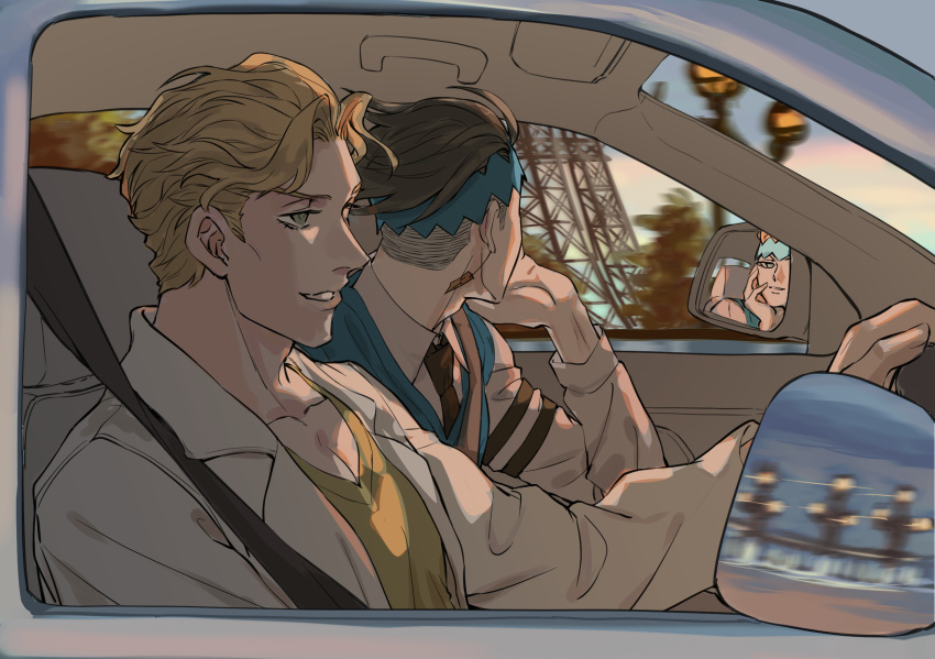 2boys blonde_hair car_interior cheekbones diamond_wa_kudakenai driving hand_on_own_cheek hand_on_own_face head_rest headband highres jojo_no_kimyou_na_bouken killerohan kira_yoshikage kishibe_rohan looking_outside looking_to_the_side male_focus multiple_boys necktie rear-view_mirror seatbelt v-neck vest