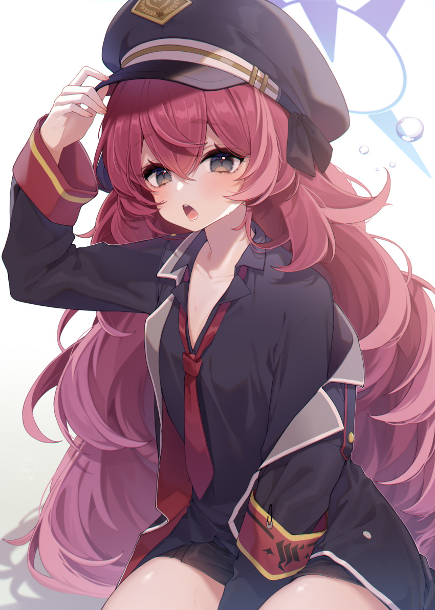 1girl armband black_headwear black_shirt black_skirt blue_archive blue_halo blush breasts collarbone grey_eyes halo hat highres iroha_(blue_archive) long_hair long_sleeves necktie open_mouth peaked_cap pleated_skirt red_hair red_necktie ripu_(sherypton) safety_pin shirt simple_background skirt small_breasts solo white_background
