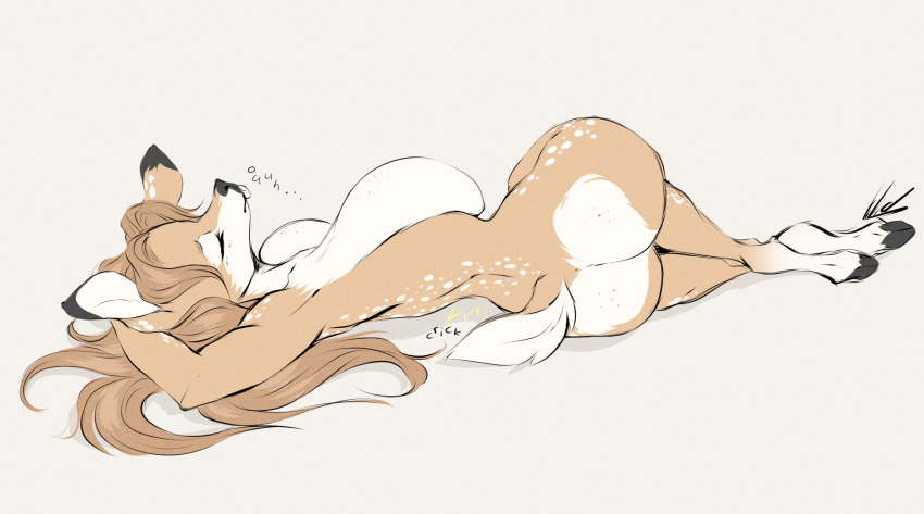 anthro back_cracking big_breasts breasts brown_body brown_fur brown_hair buckteeth butt capreoline deer dullvivid eyes_closed female fiona_fawnbags_(dullvivid) fur hair hi_res hooves huge_breasts long_hair lying mammal markings on_side simple_background solo spots spotted_body spotted_fur spotted_markings stretched_anus teeth white-tailed_deer white_background white_body white_fur white_spots