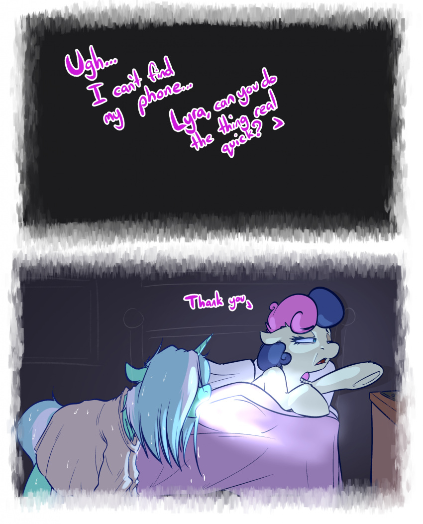 bed bonbon_(mlp) comic dialogue duo equid equine female feral friendship_is_magic furniture hair hair_over_eyes hasbro hi_res horn lyra_heartstrings_(mlp) mammal my_little_pony unicorn wet_hair witchtaunter