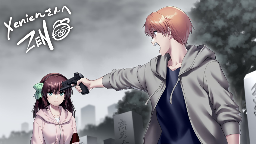 1boy 1girl angel_beats! angry arm_at_side black_hairband blue_shirt blurry blurry_background bow brown_hair closed_mouth cloud cloudy_sky collarbone commentary commission dutch_angle english_commentary eyelashes eyes_visible_through_hair fighting_stance foreshortening from_side frown game_cg graveyard green_bow green_eyes grey_jacket gun hair_between_eyes hair_bow hairband highres holding holding_gun holding_weapon hood hood_down hooded_jacket jacket looking_at_another medium_hair nakamura_yuri open_mouth otonashi_yuzuru outdoors outstretched_arm paid_reward_available pink_jacket pointing pointing_at_another profile purple_eyes second-party_source serious shirt short_hair signature skeb_commission sky straight_hair teeth tombstone v-shaped_eyebrows weapon wide-eyed zen_(kamuro)