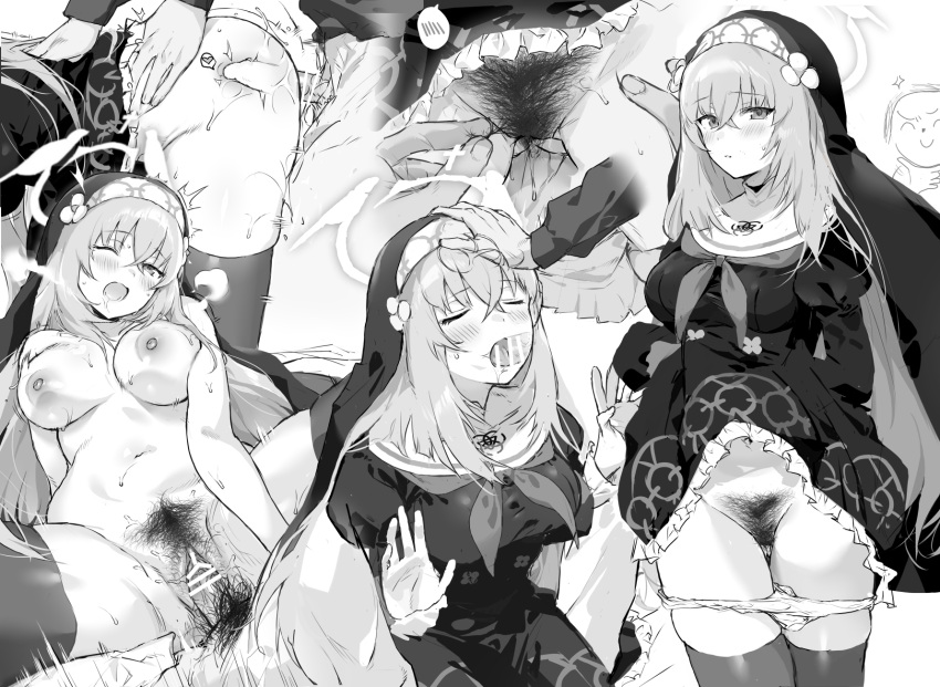 1boy 1girl arona's_sensei_doodle_(blue_archive) bar_censor bent_over blue_archive blush breasts censored closed_eyes closed_mouth clothes_lift crossed_bangs dress dress_lift excessive_pubic_hair fellatio female_pubic_hair flower greyscale habit hand_on_another's_head heart heigani hetero highres large_breasts lifted_by_self long_hair male_pubic_hair medium_breasts monochrome multiple_views necktie nipples nun one_eye_closed open_mouth oral panties panty_pull pubic_hair pubic_hair_pull pussy pussy_juice sailor_collar sakurako_(blue_archive) sensei_(blue_archive) sex sex_from_behind spoken_blush sweat thighhighs underwear vaginal very_long_hair