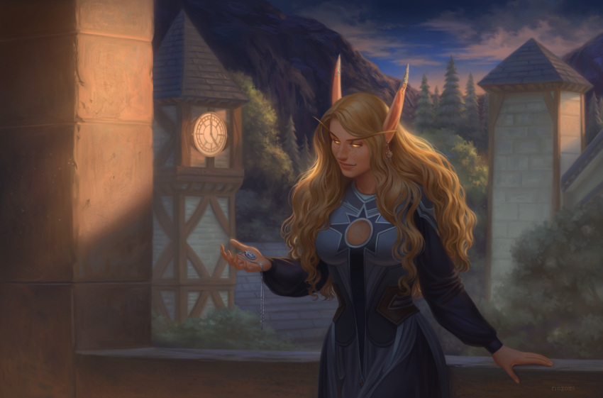 1girl blonde_hair blood_elf_(warcraft) blue_dress clock clock_tower clothing_cutout cloud cloudy_sky colored_sclera cowboy_shot curly_hair dress earrings elf english_commentary evening freckles highres holding holding_jewelry holding_necklace jewelry long_hair long_sleeves mountain necklace no_pupils nozomi-mats original pendant pointy_ears puffy_sleeves sky smile tower tree warcraft yellow_sclera