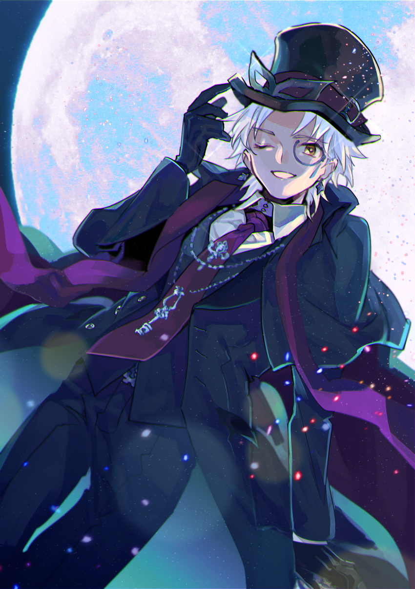 1boy absurdres amakusa_shirou_(fate) amakusa_shirou_(phantom_thief)_(fate) arm_at_side black_capelet black_gloves black_headwear black_jacket black_pants black_suit black_vest capelet chromatic_aberration cowboy_shot dark-skinned_male dark_skin domino_mask dutch_angle earrings fate/grand_order fate_(series) full_moon gloves hand_on_headwear hand_up hat highres jacket jewelry lens_flare long_sleeves looking_at_viewer male_focus mask mask_on_hat monocle moon necklace necktie night one_eye_closed open_mouth outdoors pants parted_bangs purple_necktie shirt short_hair smile solo soraharu_(mojatta) stole suit top_hat vest white_hair white_shirt yellow_eyes