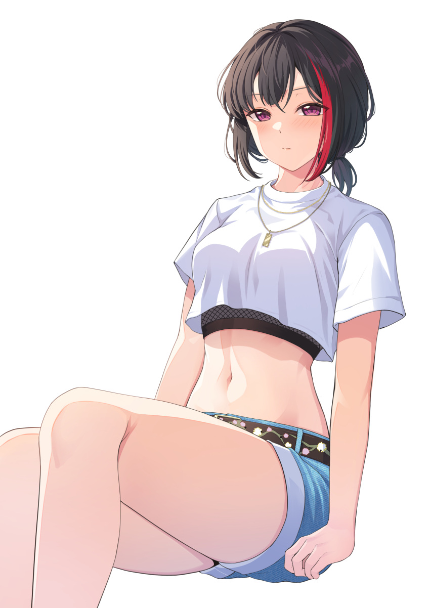 1girl absurdres alternate_costume bang_dream! black_hair blue_shorts breasts closed_mouth commentary crop_top fishnet_top fishnets highres invisible_chair jewelry looking_at_viewer medium_breasts midriff mitake_ran multicolored_hair navel necklace ptal purple_eyes red_hair shirt short_hair short_shorts short_sleeves shorts sidelocks simple_background sitting solo streaked_hair t-shirt white_background white_shirt
