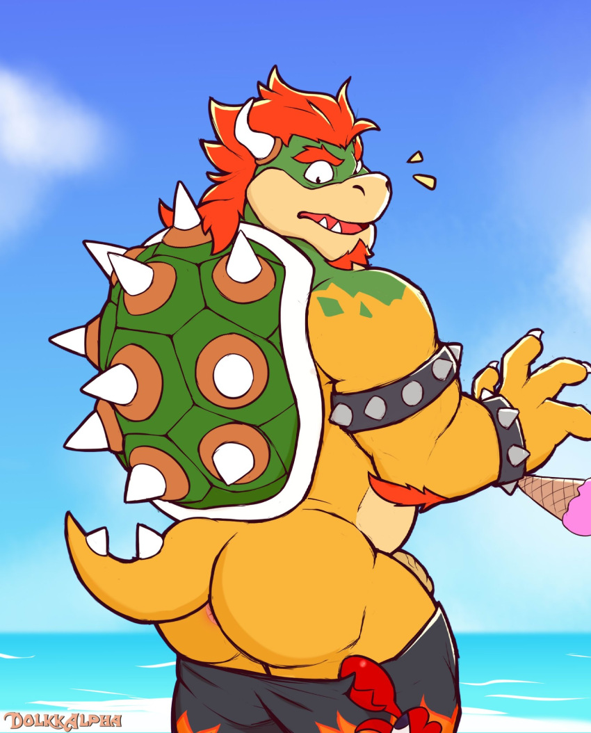 2023 anthro anthro_focus anus arm_hair armband arthropod assisted_exposure barely_visible_anus barely_visible_genitalia barely_visible_penis beach beard belly big_butt big_muscles body_hair bowser bowser_day bracelet butt clothing cloud crab crustacean day decapoda dessert emanata eyebrows facial_hair feral food genitals hair hi_res horn humanoid_genitalia humanoid_penis ice_cream jewelry koopa malacostracan male marine mario_bros musclegut muscular muscular_anthro muscular_male nintendo open_mouth outside penis rear_view sand scalie seaside shell signature sky solo spiked_armband spiked_bracelet spiked_shell spiked_tail spikes spikes_(anatomy) surprise surprised_expression swimming_trunks swimming_trunks_down swimwear swimwear_down tail teeth tongue water zeo_helvein