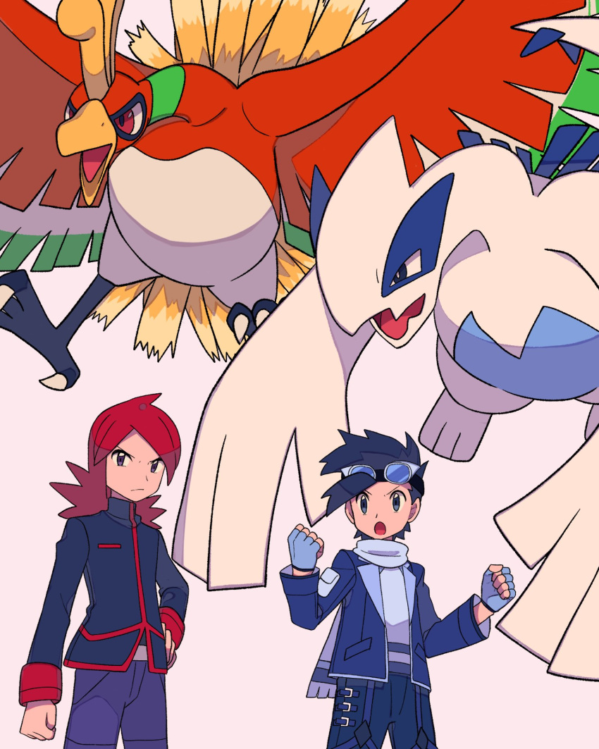 2boys black_hair blue_jacket clenched_hands closed_mouth commentary_request cowlick ethan_(pokemon) ethan_(sygna_suit)_(pokemon) fingerless_gloves frown gloves goggles goggles_on_head grey_background grey_gloves hand_on_own_hip highres ho-oh jacket long_hair long_sleeves lugia male_focus multiple_boys official_alternate_costume pants pokemon pokemon_(creature) pokemon_(game) pokemon_hgss pokemon_masters_ex purple_pants red_hair scarf shirt short_hair silver_(pokemon) tyako_089