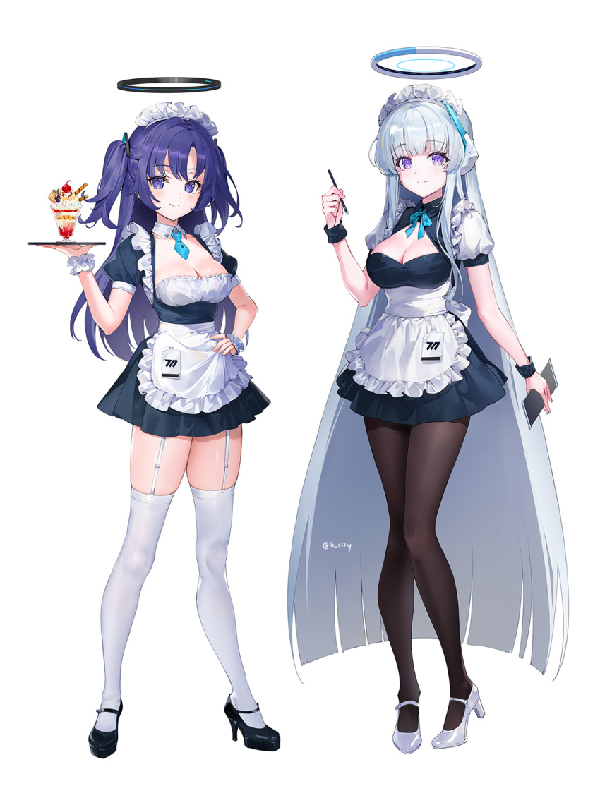 2girls alternate_costume apron black_dress black_footwear blue_archive breasts cleavage closed_mouth cup dress enmaided food frilled_apron frills full_body garter_straps halo hand_on_hip high_heels highres holding holding_plate holding_tray long_hair looking_at_viewer maid maid_apron maid_headdress medium_breasts multiple_girls noa_(blue_archive) pantyhose parfait pen plate puffy_short_sleeves puffy_sleeves purple_eyes purple_hair rity scrunchie shoes short_sleeves simple_background smile standing thighhighs tray very_long_hair waist_apron white_apron white_background wrist_cuffs wrist_scrunchie yuuka_(blue_archive)