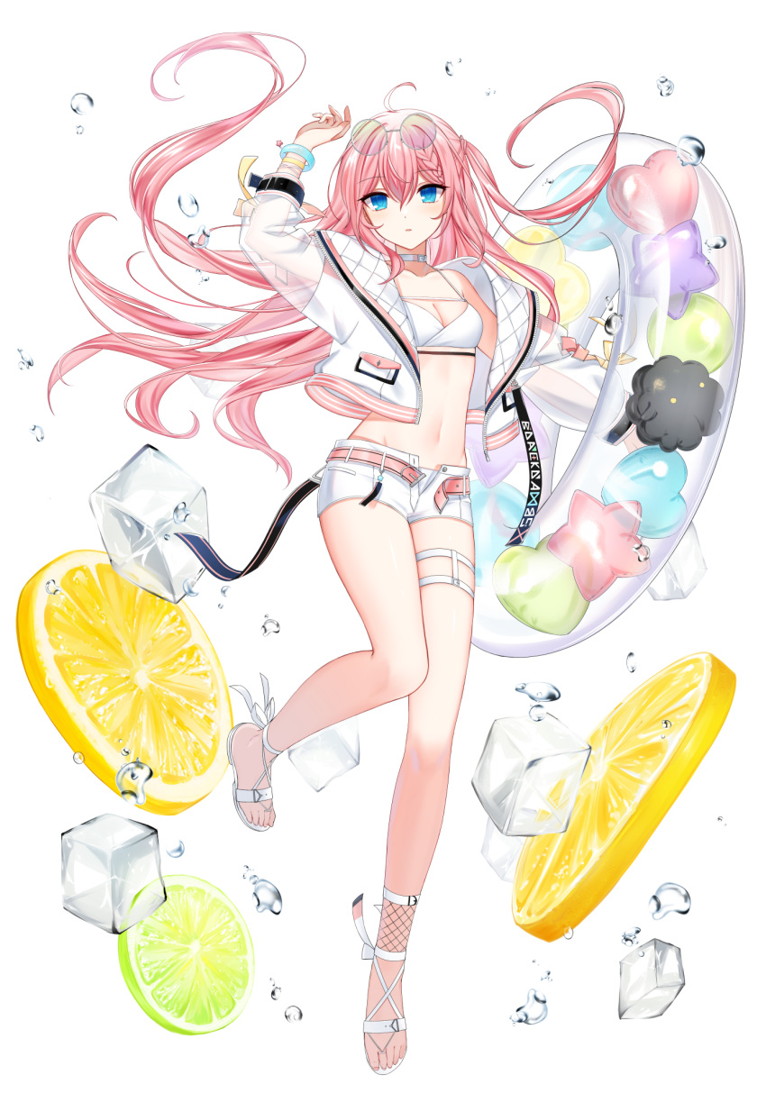 1girl ahoge ankle_ribbon arm_up balloon bare_legs belt bikini blue_eyes bracelet braid braided_bangs breasts cleavage closers eyewear_on_head floating_hair food fruit full_body heart_balloon highres ice ice_cube innertube jacket jewelry leg_ribbon leg_up lemon lemon_slice long_hair long_sleeves medium_breasts navel official_art one_side_up open_clothes open_jacket open_shorts parted_lips pink_belt pink_hair ribbon round_eyewear sandals see-through see-through_sleeves seulbi_lee short_shorts shorts solo spray standing standing_on_one_leg star_balloon stomach swimsuit thigh_strap transparent_innertube white_background white_bikini white_footwear white_jacket white_ribbon white_shorts