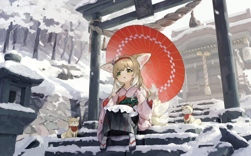 1girl absurdres animal_ears apron architecture arknights black_hakama blonde_hair bobby_socks commentary east_asian_architecture floral_print flower fox fox_ears fox_girl fox_tail frilled_apron frills full_body green_eyes hair_flower hair_ornament hairband hakama hakama_skirt hands_up highres holding holding_umbrella japanese_clothes kimono kitsune kyuubi long_hair long_sleeves multicolored_hair multiple_tails obi official_alternate_costume oil-paper_umbrella okobo open_mouth outdoors pink_kimono pinwheel pleated_skirt red_hairband red_umbrella sandals sash shijiuuuuuuu sitting skirt snow socks solo suzuran_(arknights) suzuran_(yukibare)_(arknights) tabi tail two-tone_hair umbrella waist_apron white_apron white_hair white_socks wide_sleeves