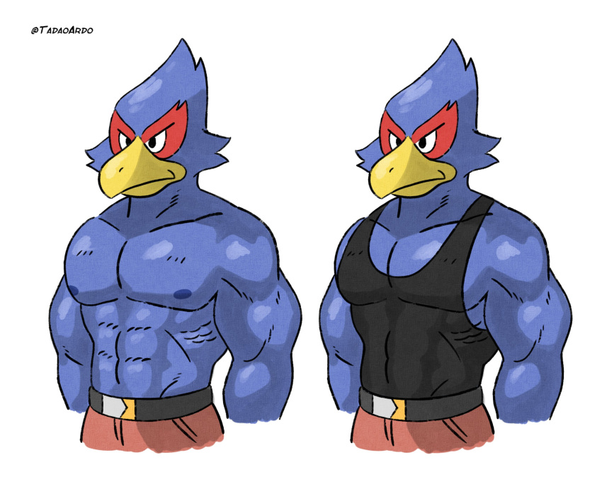 abs anthro avian beak belt biceps bird black_eyes blue_body bottomwear clothing falco_lombardi falcon falconid hi_res male mammal muscular muscular_anthro muscular_male nintendo nipples pecs shirt solo star_fox tadaoardo tank_top topwear yellow_beak