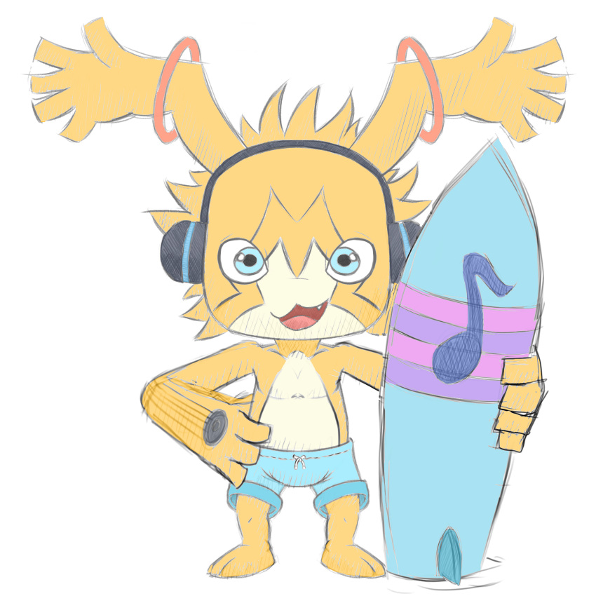 appmon_(species) bandai_namco beach bottomwear clothing digimon digimon_(species) hi_res kitsune2000 male musimon seaside shorts solo surfboard swimming swimming_trunks swimwear young