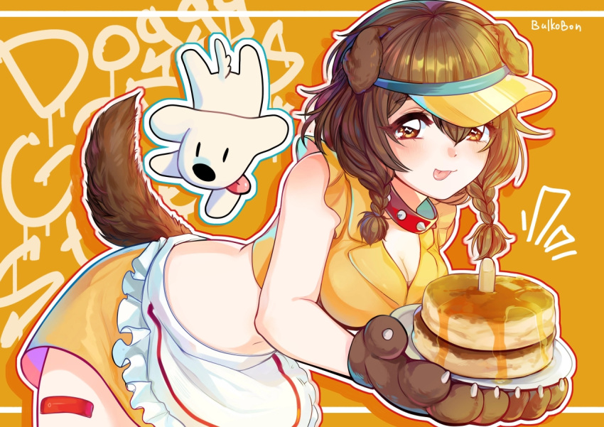 1girl :p animal_collar animal_ears animal_hands ano_natsu_de_matteru apron bandaid_on_thigh bent_over blush bone-shaped_pupils braid breasts brown_eyes brown_hair bulkobon cake cleavage collar commentary crop_top cropped_shirt dog_ears dog_girl dog_tail doggy_god's_street fangs food gloves hair_between_eyes holding holding_tray hololive hoso-inu inugami_korone long_hair looking_at_viewer low_twin_braids low_twintails paw_gloves red_collar shirt skirt sleeveless sleeveless_shirt solo tail tongue tongue_out tray twin_braids twintails visor_cap waist_apron white_apron yellow_headwear yellow_skirt yubi_yubi_(inugami_korone)
