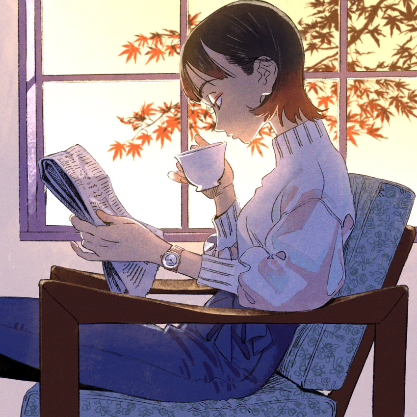 1girl backlighting black_hair blue_pants bow closed_mouth cup eyelashes eyeliner fingers hair_behind_ear highres holding holding_cup indoors kariya_(kry_aia) knees_out_of_frame leaf legs lips long_eyebrows long_sleeves makeup maple_leaf maple_tree newspaper nordgreen on_chair pants patterned reading red_eyeliner short_hair sitting solo sweater swept_bangs teacup tree turtleneck turtleneck_sweater watch white_sweater window wristwatch