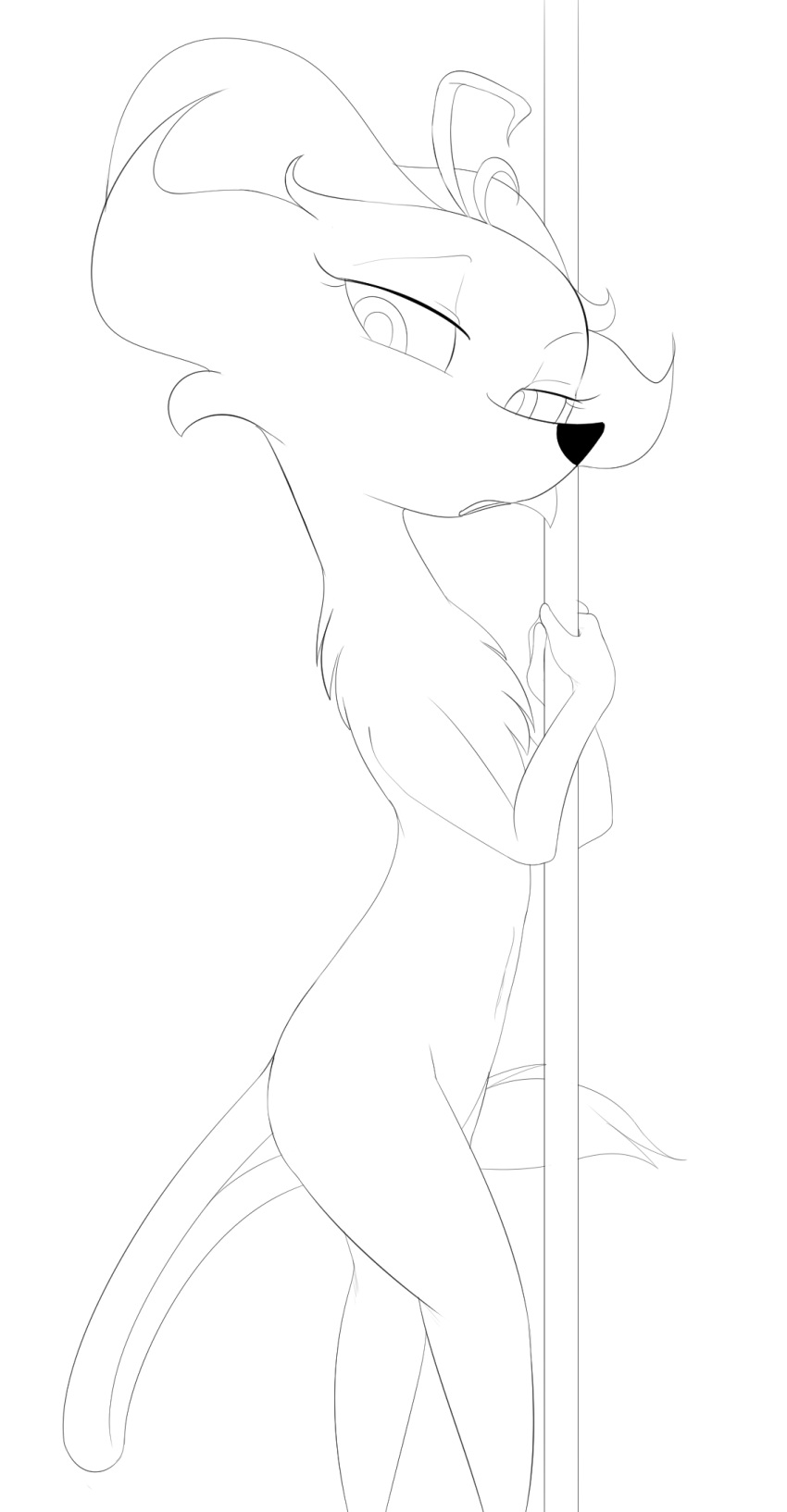 2017 anthro bedroom_eyes black_and_white dancing featureless_chest female hermione hi_res looking_down mammal monochrome mustelid musteline narrowed_eyes navel nude open_mouth pole pole_dancing seductive sherlock_yack simple_background solo stoat true_musteline unknown_artist weasel white_background