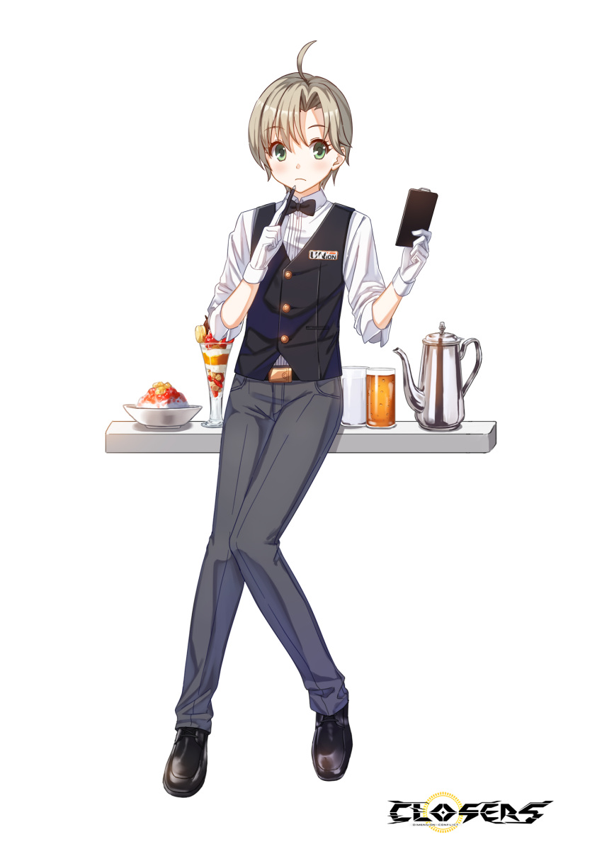 1boy ahoge badge belt black_belt black_bow black_bowtie black_footwear black_vest blush bow bowl bowtie clipboard closed_mouth closers coffee_pot collared_shirt copyright_name cup drinking drinking_glass food full_body gloves green_eyes grey_hair grey_pants hands_up highres holding holding_clipboard holding_pen knees_together_feet_apart logo looking_at_viewer male_focus mistilteinn_(closers) official_art oxfords pants pen pen_to_mouth shaved_ice shelf shirt short_hair sleeves_past_elbows solo standing tachi-e traditional_bowtie vest waistcoat waiter white_background white_gloves white_shirt