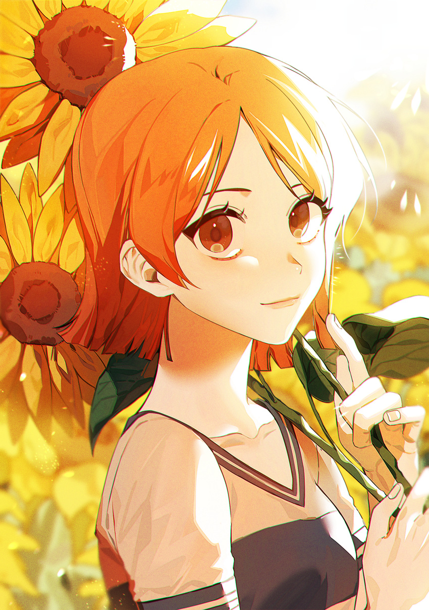 1girl bbzico1267 blue_skirt breasts closed_mouth collarbone commentary_request field flower flower_field highres holding holding_flower light_smile looking_at_viewer looking_to_the_side nami_(one_piece) one_piece orange_eyes orange_hair outdoors shirt short_hair short_sleeves skirt small_breasts solo sunflower sunlight two-tone_shirt upper_body white_shirt