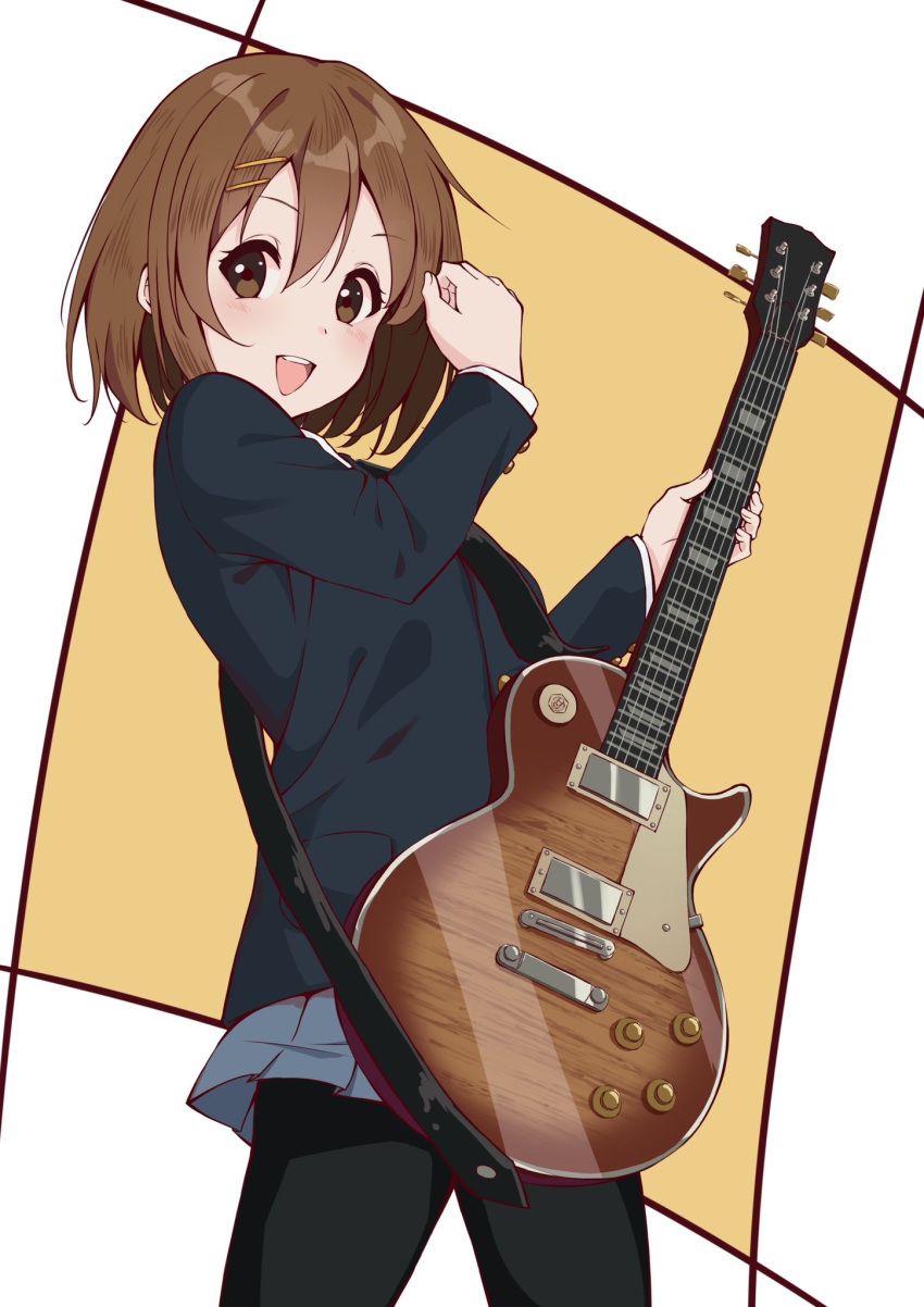 1girl :d black_jacket black_pantyhose blazer brown_eyes brown_hair commentary_request cowboy_shot electric_guitar grey_skirt guitar hair_between_eyes hair_ornament hairclip highres hirasawa_yui holding holding_instrument instrument jacket k-on! komura_hiroto long_sleeves looking_at_viewer open_mouth pantyhose pleated_skirt sakuragaoka_high_school_uniform school_uniform short_hair skirt smile solo standing teeth upper_teeth_only winter_uniform